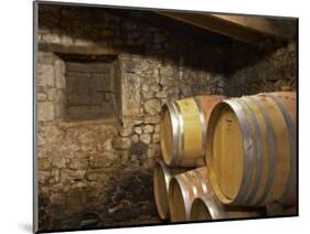 Oak Barrique Barrels with Aging Red Wine, Jute Chateau Belingard, Bergerac, Dordogne, France-Per Karlsson-Mounted Photographic Print
