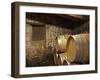 Oak Barrique Barrels with Aging Red Wine, Jute Chateau Belingard, Bergerac, Dordogne, France-Per Karlsson-Framed Photographic Print