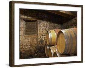 Oak Barrique Barrels with Aging Red Wine, Jute Chateau Belingard, Bergerac, Dordogne, France-Per Karlsson-Framed Photographic Print