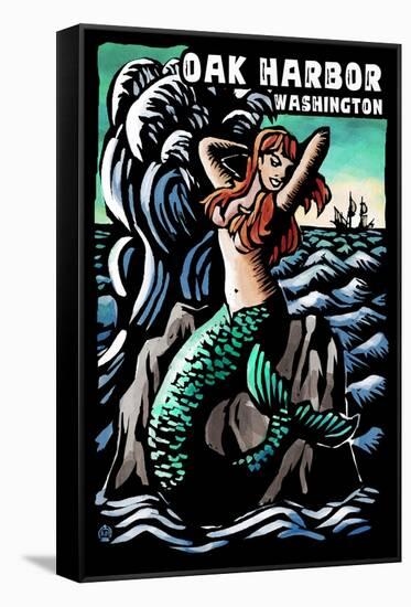 Oak Harbor, Washington - Mermaid - Scratchboard-Lantern Press-Framed Stretched Canvas