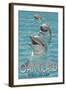 Oak Island, North Carolina - Dolphins Swimming-Lantern Press-Framed Art Print