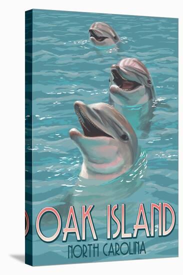 Oak Island, North Carolina - Dolphins Swimming-Lantern Press-Stretched Canvas
