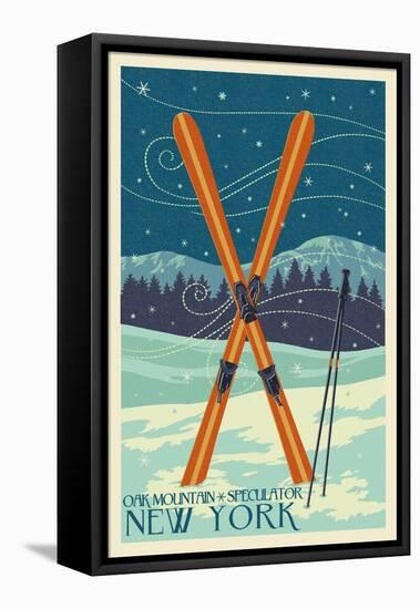 Oak Mountain - Speculator, New York - Crossed Skis-Lantern Press-Framed Stretched Canvas