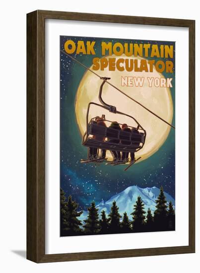 Oak Mountain - Speculator, New York - Ski Lift and Full Moon-Lantern Press-Framed Art Print