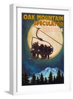 Oak Mountain - Speculator, New York - Ski Lift and Full Moon-Lantern Press-Framed Art Print