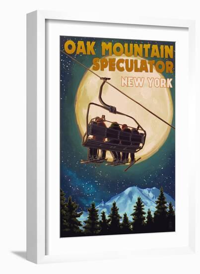 Oak Mountain - Speculator, New York - Ski Lift and Full Moon-Lantern Press-Framed Art Print