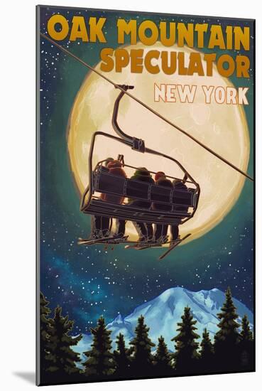 Oak Mountain - Speculator, New York - Ski Lift and Full Moon-Lantern Press-Mounted Art Print