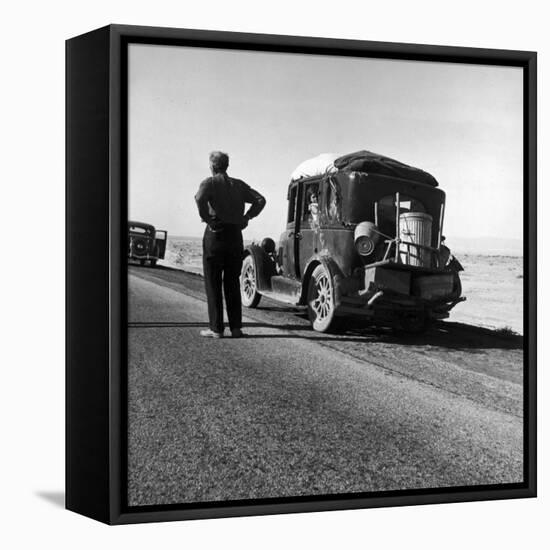 Oakie Family Stalled on Desolate Track of Highway in Desert in Southern California-Dorothea Lange-Framed Stretched Canvas