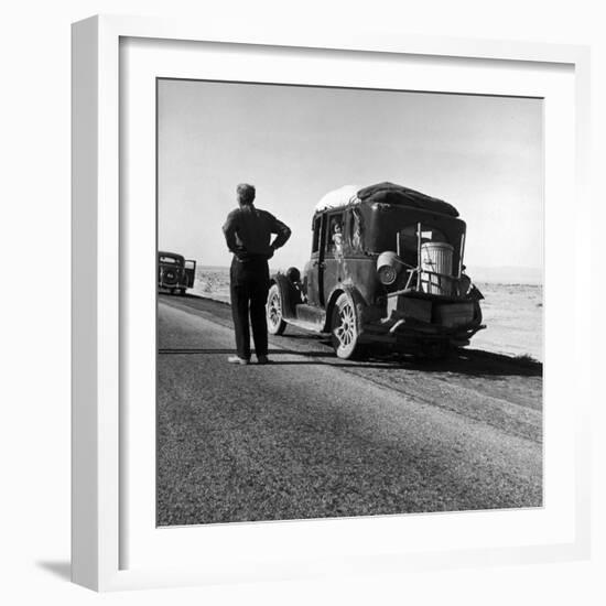 Oakie Family Stalled on Desolate Track of Highway in Desert in Southern California-Dorothea Lange-Framed Photographic Print