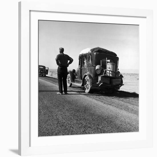 Oakie Family Stalled on Desolate Track of Highway in Desert in Southern California-Dorothea Lange-Framed Photographic Print