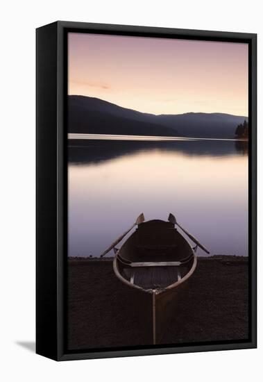 Oar boot on the Schluchsee at sundown, Black Forest, Baden-Wurttemberg, Germany-Markus Lange-Framed Stretched Canvas