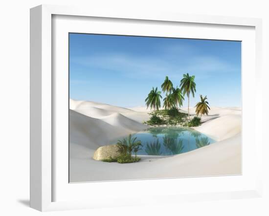 Oasis in the Desert. Palm Trees and Sand. 3D Rendering.-ustas7777777-Framed Art Print