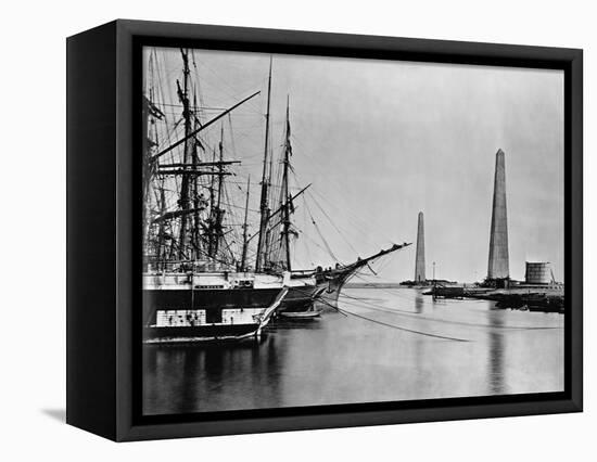 Obelisks and Ships at Suez Canal Entrance-null-Framed Stretched Canvas