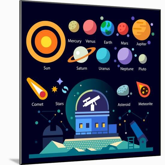 Observatory, Solar System: All Planets and Moons, the Sun, Stars, Comets, Meteor, Constellation. Ve-Beresnev-Mounted Art Print