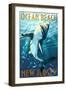 Ocean Beach, New Jersey - Great White Shark-Lantern Press-Framed Art Print