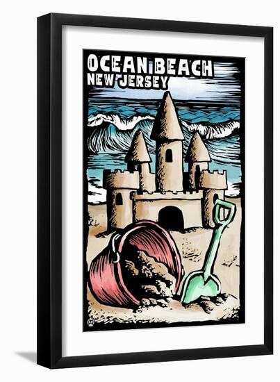 Ocean Beach, New Jersey - Sand Castle Scratchboard-Lantern Press-Framed Art Print