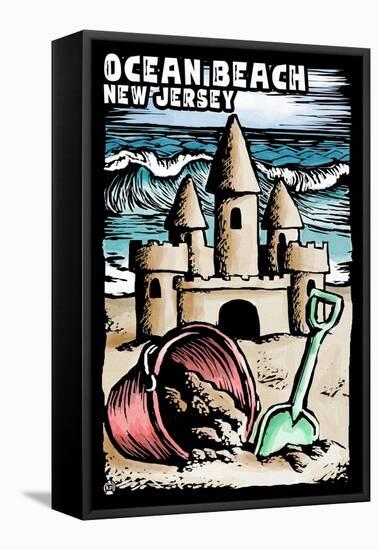 Ocean Beach, New Jersey - Sand Castle Scratchboard-Lantern Press-Framed Stretched Canvas