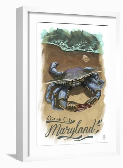 Ocean City, Maryland - Blue Crab - Watercolor-Lantern Press-Framed Art Print