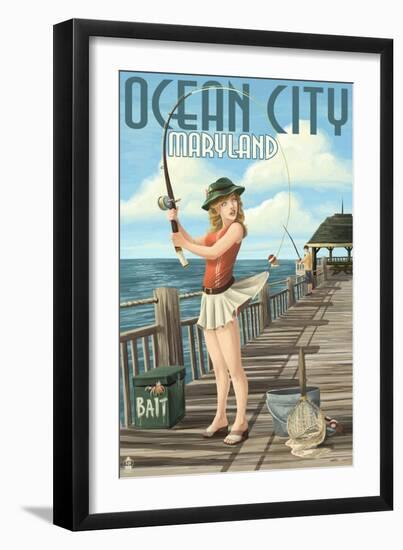 Ocean City, Maryland - Fishing Pinup Girl-Lantern Press-Framed Art Print