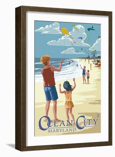 Ocean City, Maryland - Kite Flyers-Lantern Press-Framed Art Print