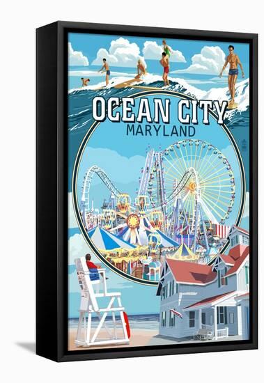Ocean City, Maryland - Montage Scenes-Lantern Press-Framed Stretched Canvas
