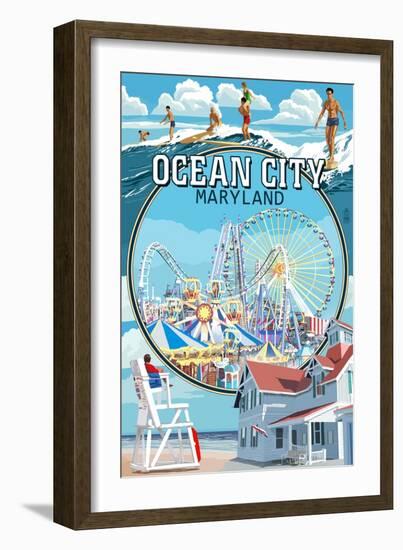 Ocean City, Maryland - Montage Scenes-Lantern Press-Framed Art Print