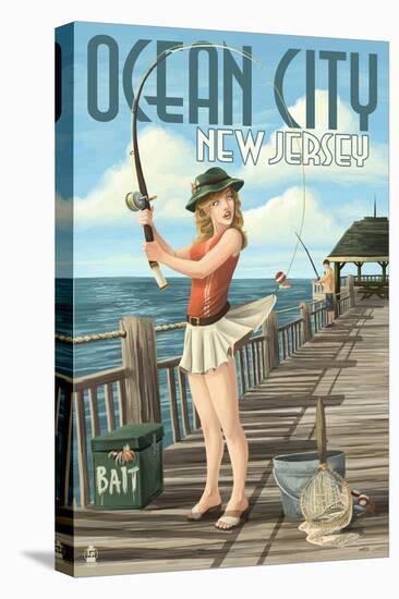 Ocean City, New Jersey - Fishing Pinup Girl-Lantern Press-Stretched Canvas