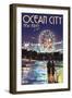 Ocean City, New Jersey - Pier and Rides at Night-Lantern Press-Framed Art Print