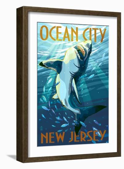 Ocean City, New Jersey - Stylized Shark-Lantern Press-Framed Art Print