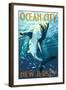 Ocean City, New Jersey - Stylized Shark-Lantern Press-Framed Art Print