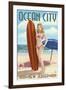 Ocean City, New Jersey - Surfing Pinup Girl-Lantern Press-Framed Art Print