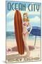 Ocean City, New Jersey - Surfing Pinup Girl-Lantern Press-Mounted Art Print
