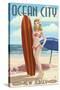 Ocean City, New Jersey - Surfing Pinup Girl-Lantern Press-Stretched Canvas