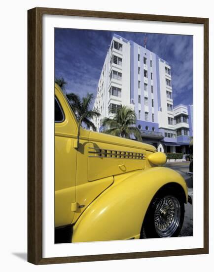 Ocean Drive with Classic Hot Rod, South Beach, Miami, Florida, USA-Robin Hill-Framed Premium Photographic Print