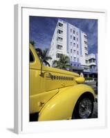 Ocean Drive with Classic Hot Rod, South Beach, Miami, Florida, USA-Robin Hill-Framed Premium Photographic Print