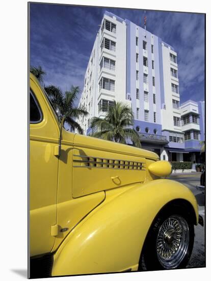 Ocean Drive with Classic Hot Rod, South Beach, Miami, Florida, USA-Robin Hill-Mounted Premium Photographic Print