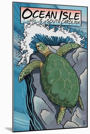 Ocean Isle, South Carolina - Sea Turtles Woodblock Print-Lantern Press-Mounted Art Print