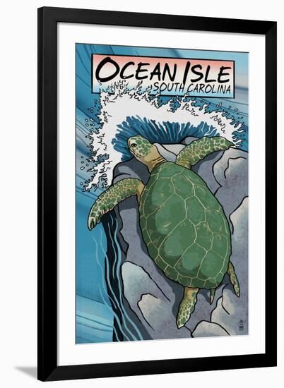 Ocean Isle, South Carolina - Sea Turtles Woodblock Print-Lantern Press-Framed Art Print