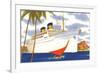 Ocean Liner with Sailboat-null-Framed Premium Giclee Print