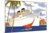 Ocean Liner with Sailboat-null-Mounted Premium Giclee Print