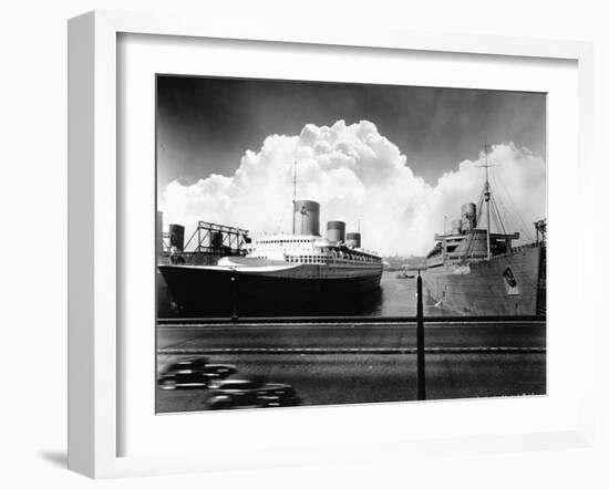 Ocean Liners in New York Port-null-Framed Premium Photographic Print