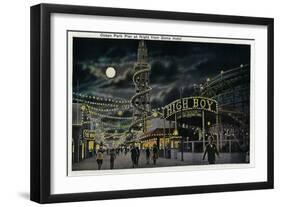 Ocean Park Pier at Night from Dome Hotel - Santa Monica, CA-Lantern Press-Framed Art Print