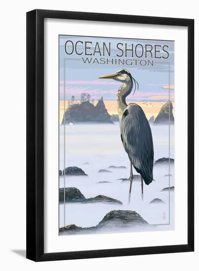 Ocean Shores, Washington - Blue Heron and Fog-Lantern Press-Framed Art Print