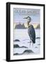 Ocean Shores, Washington - Blue Heron and Fog-Lantern Press-Framed Art Print