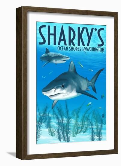 Ocean Shores, Washington - Sharks-Lantern Press-Framed Art Print