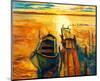 Ocean Sunset with Boat & Jetty-null-Mounted Art Print