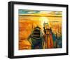 Ocean Sunset with Boat & Jetty-null-Framed Art Print