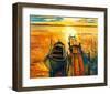 Ocean Sunset with Boat & Jetty-null-Framed Art Print