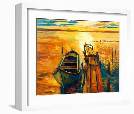 Ocean Sunset with Boat & Jetty-null-Framed Art Print