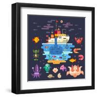 Ocean Underwater Life, Sea Animals. Fishing Boat. Fish, Octopus, Shrimp, Squid, Cancer, Mussels, Cr-Beresnev-Framed Art Print